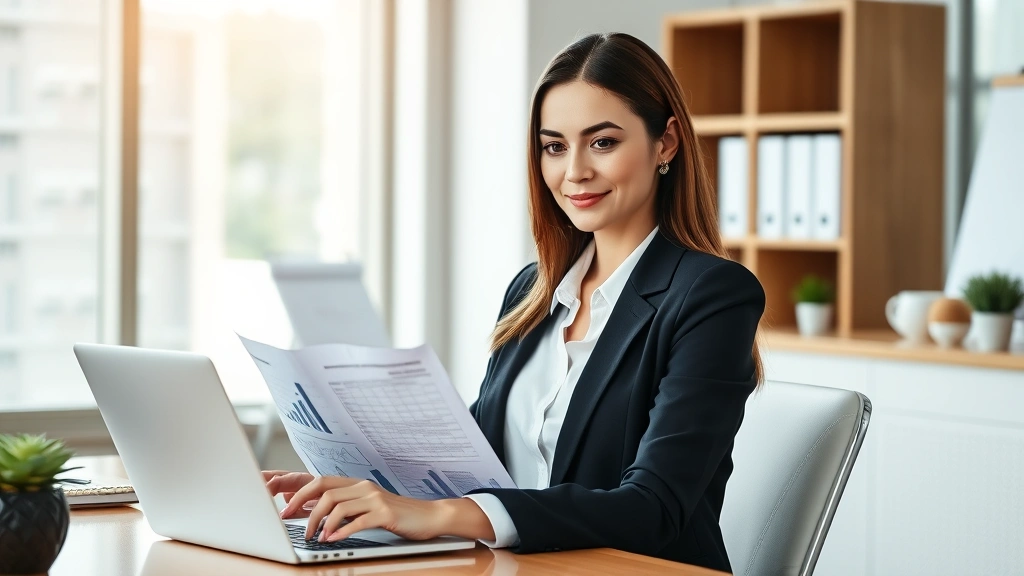 Professional woman in business attire reviewing financial documents and investment portfolio on laptop at modern office desk, natural lighting, confident expression, wealth planning concept