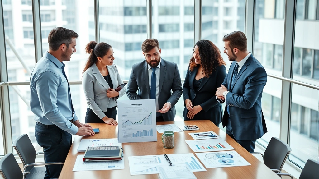 Diverse group of professionals in modern office building discussing wealth management and investment strategies around conference table with financial charts visible