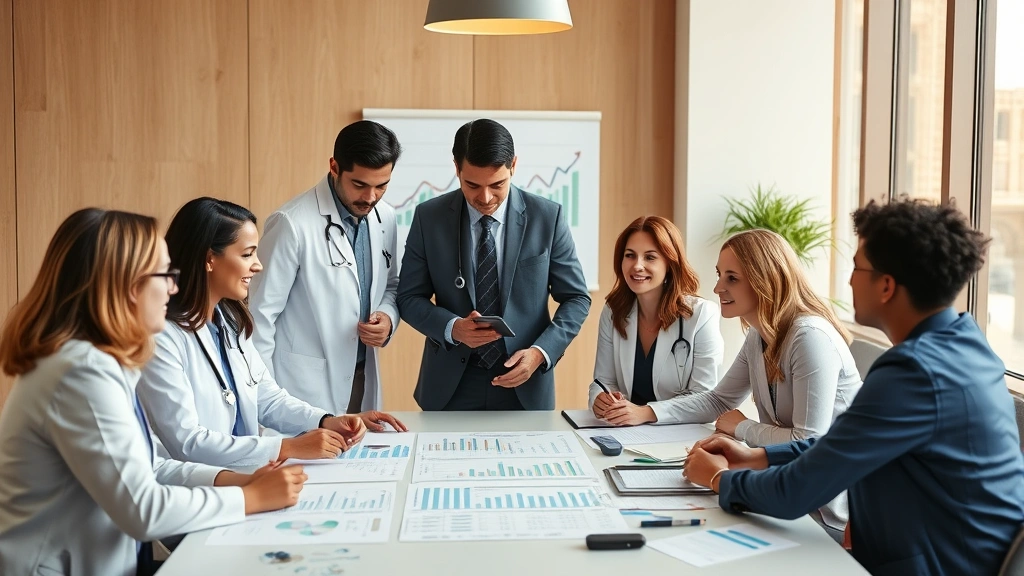 Diverse group of professionals in healthcare or business settings discussing growth strategy around conference table with charts and financial data visible, collaborative wealth building atmosphere