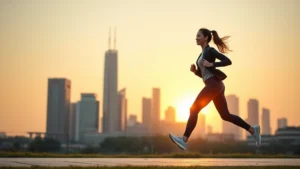 Professional woman in business attire jogging outdoors at sunrise, energetic and focused, modern city skyline background, morning wellness routine, photorealistic