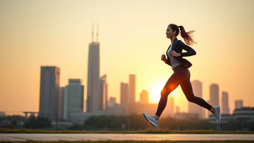 Professional woman in business attire jogging outdoors at sunrise, energetic and focused, modern city skyline background, morning wellness routine, photorealistic