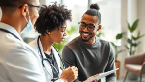 Professional wellness consultation scene: diverse adult in modern healthcare clinic receiving preventive care checkup from healthcare provider, bright natural lighting, stethoscope visible, wellness-focused environment with plants and modern furniture