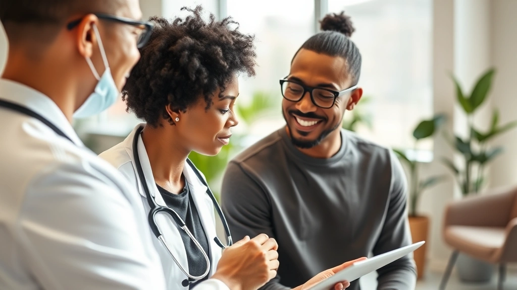 Professional wellness consultation scene: diverse adult in modern healthcare clinic receiving preventive care checkup from healthcare provider, bright natural lighting, stethoscope visible, wellness-focused environment with plants and modern furniture