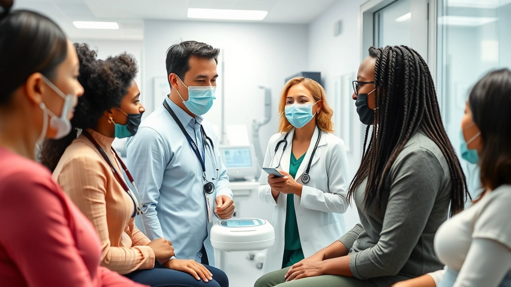 Diverse group of people in a wellness clinic receiving preventative health screenings, modern medical equipment, supportive healthcare environment, positive interaction, photorealistic