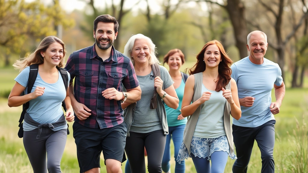 Family or group in outdoor wellness activity: people enjoying exercise together in park, hiking or walking, diverse ages, genuine smiles, natural scenery, health and vitality evident in body language and expressions