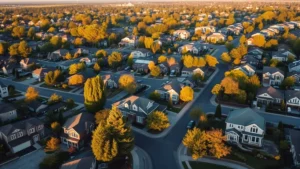 Aerial view of residential neighborhood with diverse homes, tree-lined streets, and morning sunlight casting long shadows across properties, showing suburban wealth and real estate investment opportunity
