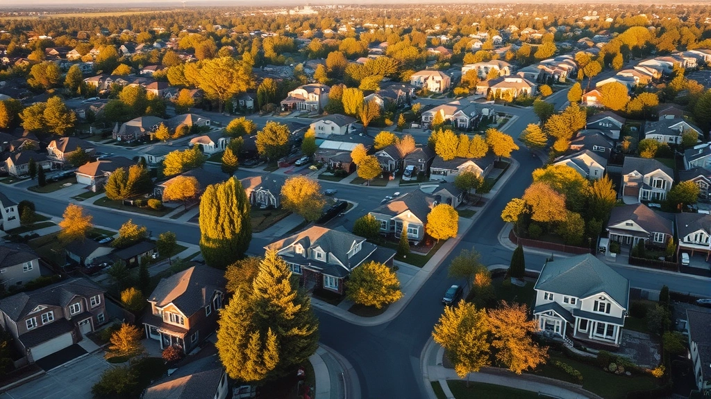 Aerial view of residential neighborhood with diverse homes, tree-lined streets, and morning sunlight casting long shadows across properties, showing suburban wealth and real estate investment opportunity