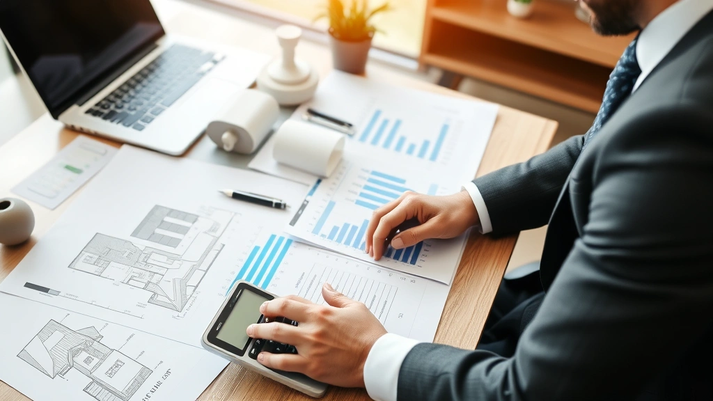 Professional real estate investor reviewing property documents and financial spreadsheets at modern office desk with laptop, calculator, and architectural blueprints visible, representing strategic planning