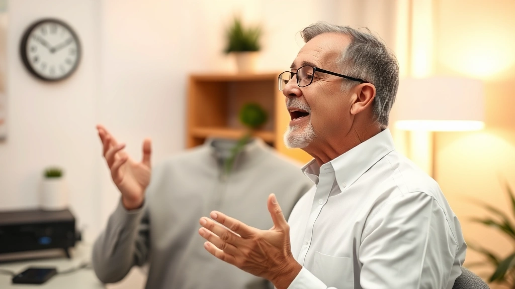 Mature man performing vocal exercises with a speech therapist in a wellness clinic, both focused and professional, warm lighting, equipment visible for vocal health assessment