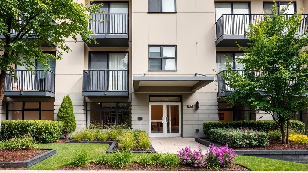 Modern apartment building exterior with professional landscaping, clean facade, and tenants visible through windows, representing well-maintained income property generating rental cash flow