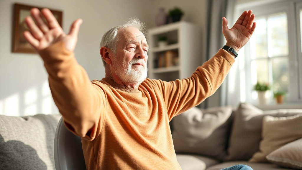 Older gentleman in comfortable home setting doing gentle stretching exercises, peaceful expression, natural daylight, representing wellness and recovery at home