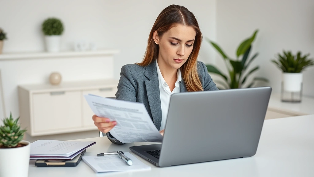 Professional woman reviewing health insurance documents on laptop at home office desk, focused expression, modern minimalist workspace with plants
