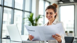 Professional woman reviewing health insurance documents on laptop in modern office setting, sunlight streaming through windows, confident expression studying plan options
