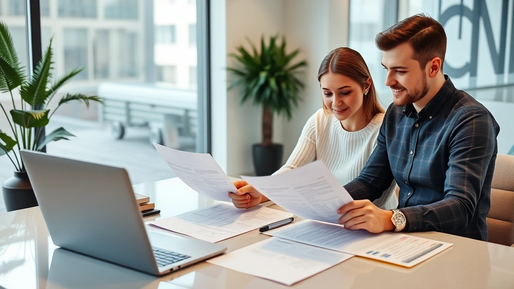 Professional financial advisor meeting with young couple reviewing health insurance documents and benefits summary sheets at modern office desk with laptop and paperwork