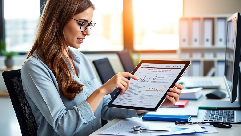 Professional woman reviewing digital health insurance documents on tablet in modern office, natural lighting, organized desk with health records, focused expression