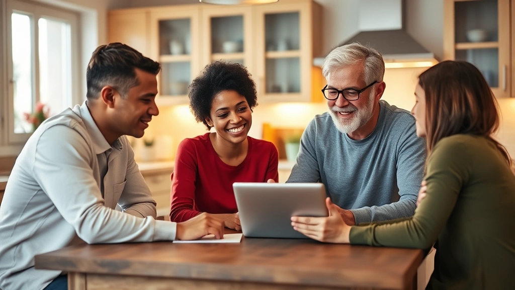 Family of four discussing healthcare options around kitchen table with tablet device, warm lighting, diverse group showing collaborative decision-making