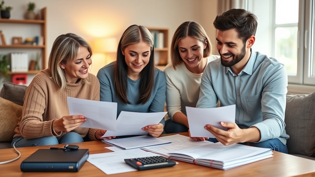 Diverse family of four in home setting reviewing healthcare bills and insurance statements together, organized files and calculator visible on table with warm lighting