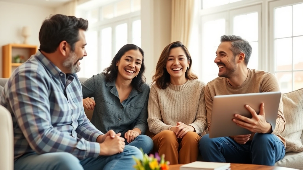 Diverse family of four laughing together in bright living room during video call with healthcare advisor, warm natural light through windows, comfortable home setting