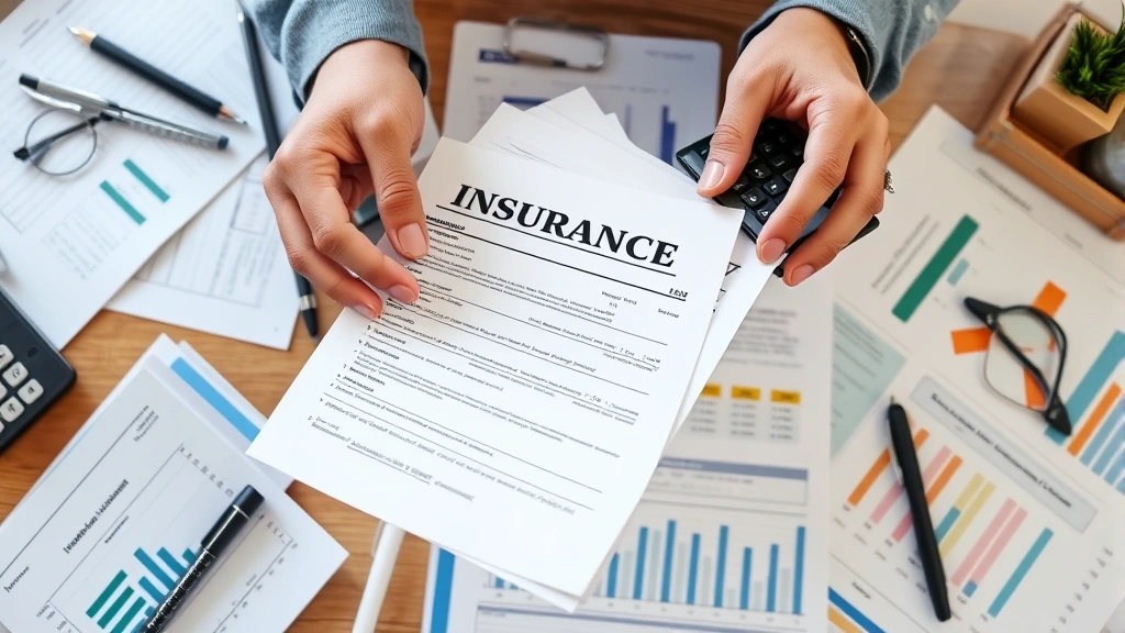 Close-up of hands holding insurance documents and calculator, financial planning materials spread on desk, organized workspace showing budget planning