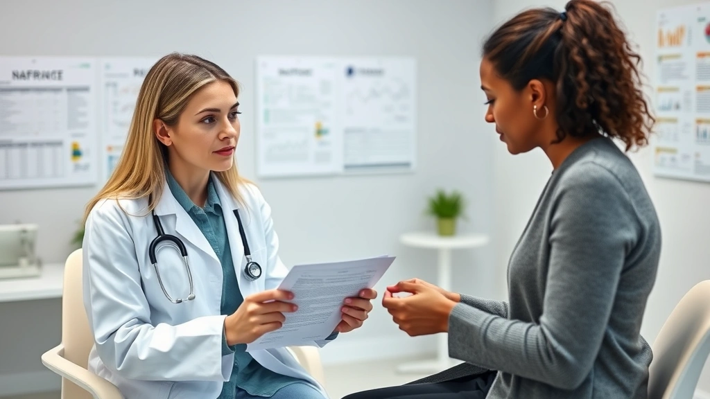 Healthcare professional in white coat consulting with patient reviewing medical forms and insurance coverage details in modern clinic examination room with charts