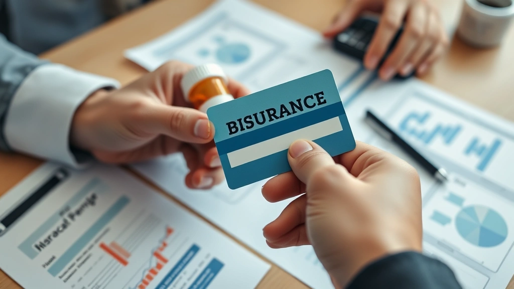 Close-up of hands holding insurance card and prescription bottle with calculator and documents spread on desk, soft warm lighting, organized financial planning scene