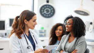 Professional female doctor in white coat consulting with diverse young college student in bright modern healthcare clinic office with natural lighting and contemporary medical equipment