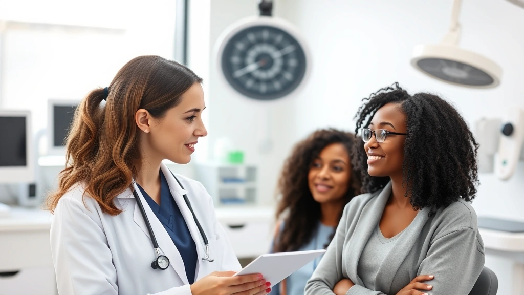 Professional female doctor in white coat consulting with diverse young college student in bright modern healthcare clinic office with natural lighting and contemporary medical equipment