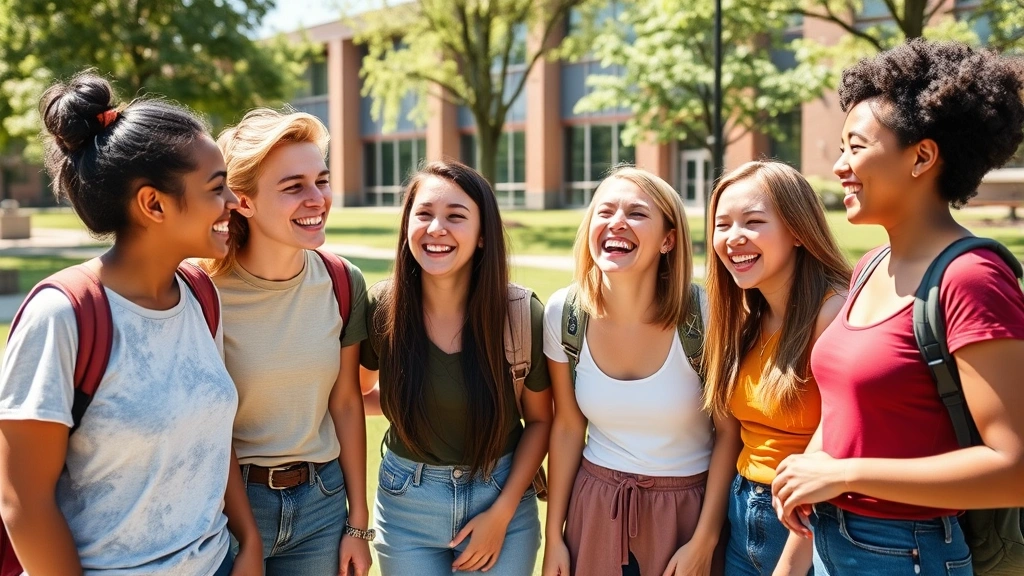 Diverse group of healthy young college students laughing together outdoors on sunny campus green space, representing student wellness and community support