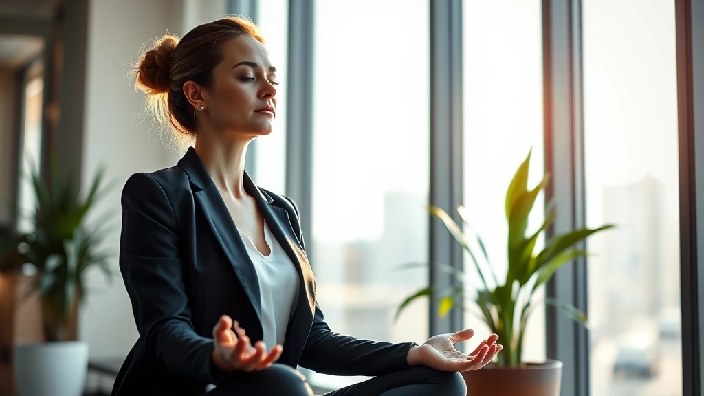 A professional woman in business attire meditating peacefully by a sunlit window in a modern office, eyes closed with serene expression, natural morning light streaming in, professional wellness setting