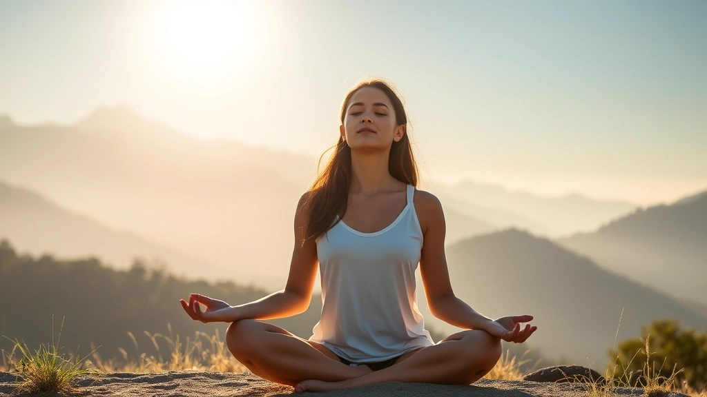 Woman meditating peacefully outdoors in morning sunlight with mountains in background, serene natural setting, wellness and mindfulness theme, photorealistic