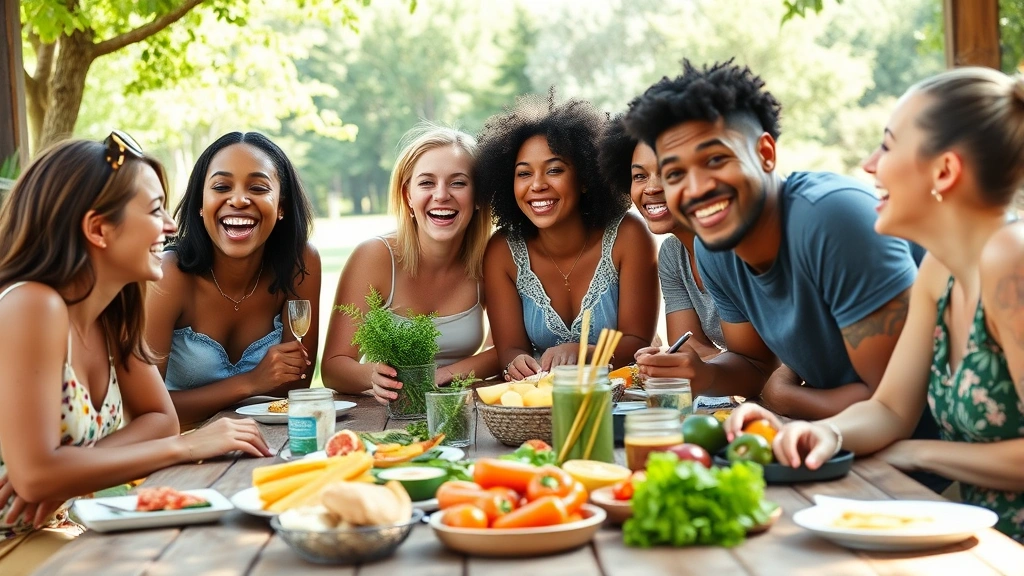 A diverse group of friends laughing together at an outdoor picnic table surrounded by healthy food and nature, genuine joy and connection, natural daylight, community wellness