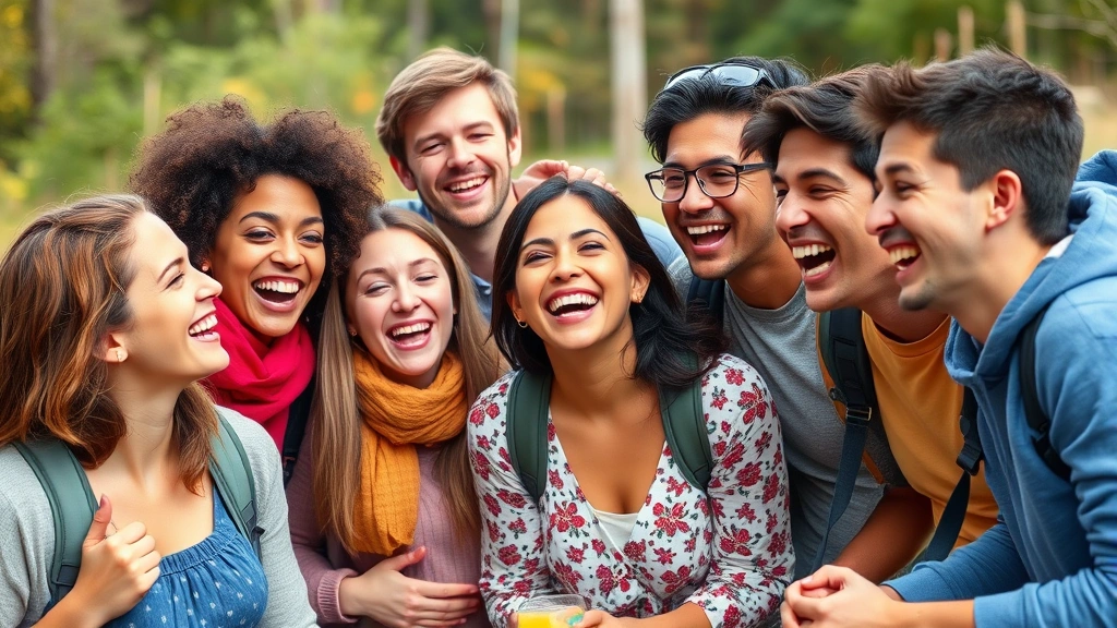 Group of diverse people laughing together during outdoor activity like hiking or picnic. Genuine connection, joyful expressions, natural environment. No visible text, charts, or labels.
