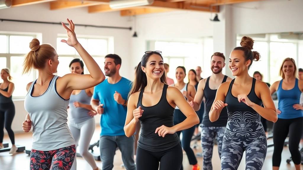 Diverse group of people exercising together in bright gym environment, laughing and supporting each other, community fitness and social connection, energetic atmosphere