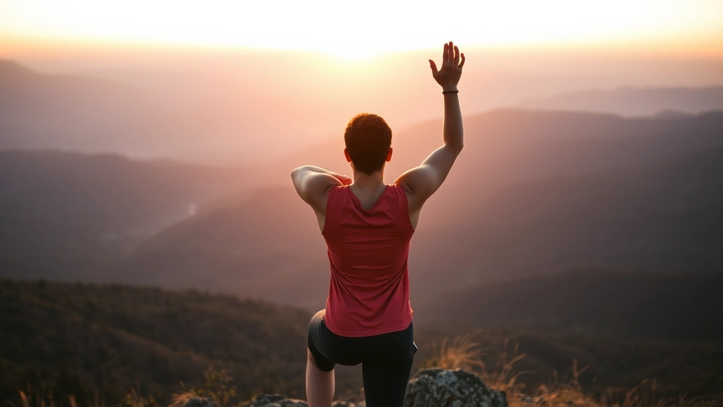 A fit individual at sunrise on a mountain overlook stretching peacefully, arms raised toward the sky, scenic landscape view, personal wellness and spiritual connection moment
