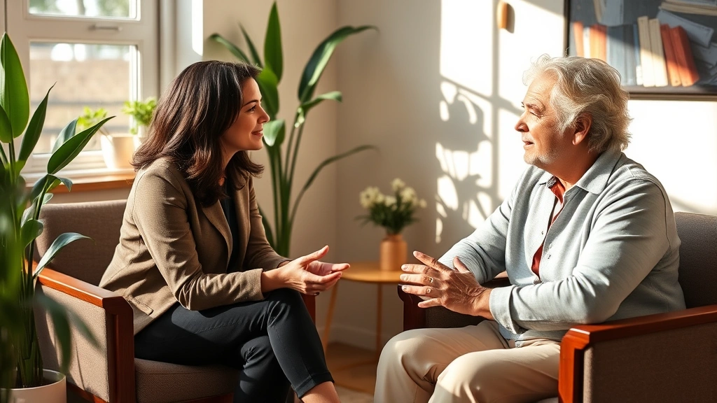 Professional counselor and client in warm office setting having meaningful conversation, emotional wellness and mental health support, compassionate interaction, natural lighting
