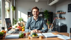Prosperous professional in modern home office surrounded by healthy food, fitness equipment, and financial documents on desk, natural daylight streaming through windows, confident and energized expression