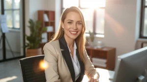 A professional woman in business attire smiling confidently at her desk with morning sunlight streaming through windows, radiating health and vitality