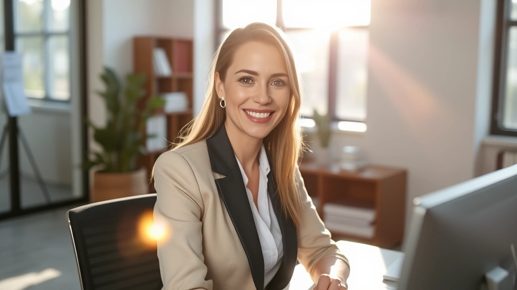 A professional woman in business attire smiling confidently at her desk with morning sunlight streaming through windows, radiating health and vitality
