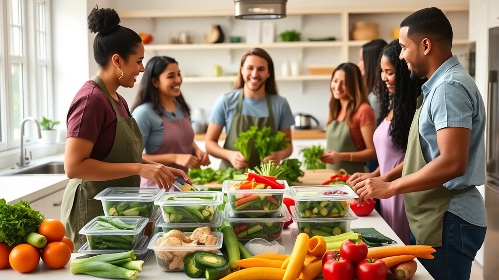 Diverse group of people meal prepping fresh vegetables and whole foods in bright, organized kitchen, laughing and engaged, meal containers stacked neatly on counter, abundance of colorful produce