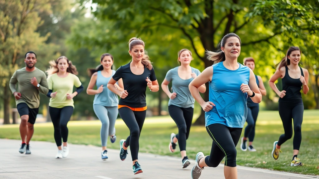 A diverse group of people exercising together outdoors in a park, jogging and stretching, displaying energy and wellness commitment