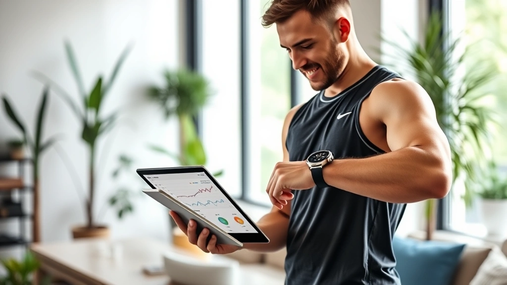 Successful entrepreneur in athletic wear checking fitness watch while reviewing investment portfolio on tablet, standing in modern living space with plants and natural light, balanced lifestyle visualization