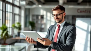 Professional man in business attire reviewing health metrics on tablet in modern office with natural lighting, confident expression, contemporary workspace background