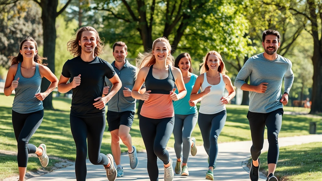 Diverse group of adults exercising together outdoors in park, jogging and fitness activities, natural sunlight, healthy lifestyle in motion, contemporary athletic wear