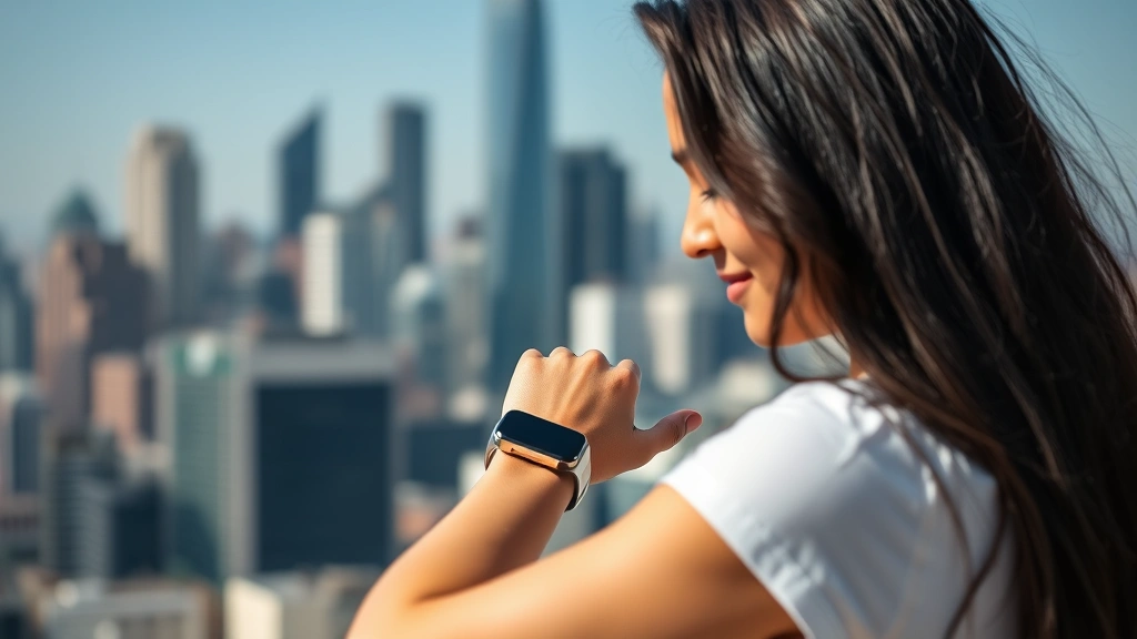 Woman checking wearable fitness device on wrist with city skyline background, wellness tracking technology, modern health monitoring, confident posture, daylight setting