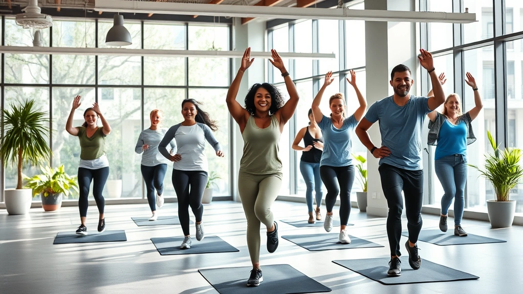 Professional diverse team in modern office wellness center, engaged in group fitness activity with natural light streaming through large windows, healthy energy and collaboration visible