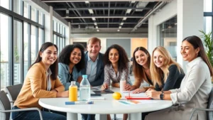 Professional diverse team in modern office environment collaborating around a table with health and wellness materials, natural lighting, smiling faces, productive atmosphere