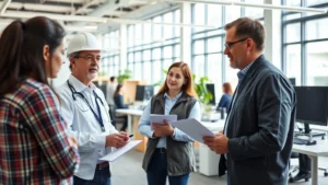 Professional occupational health specialist conducting workplace safety assessment in modern office environment, reviewing equipment and protocols with employees, natural lighting, collaborative atmosphere, modern facility