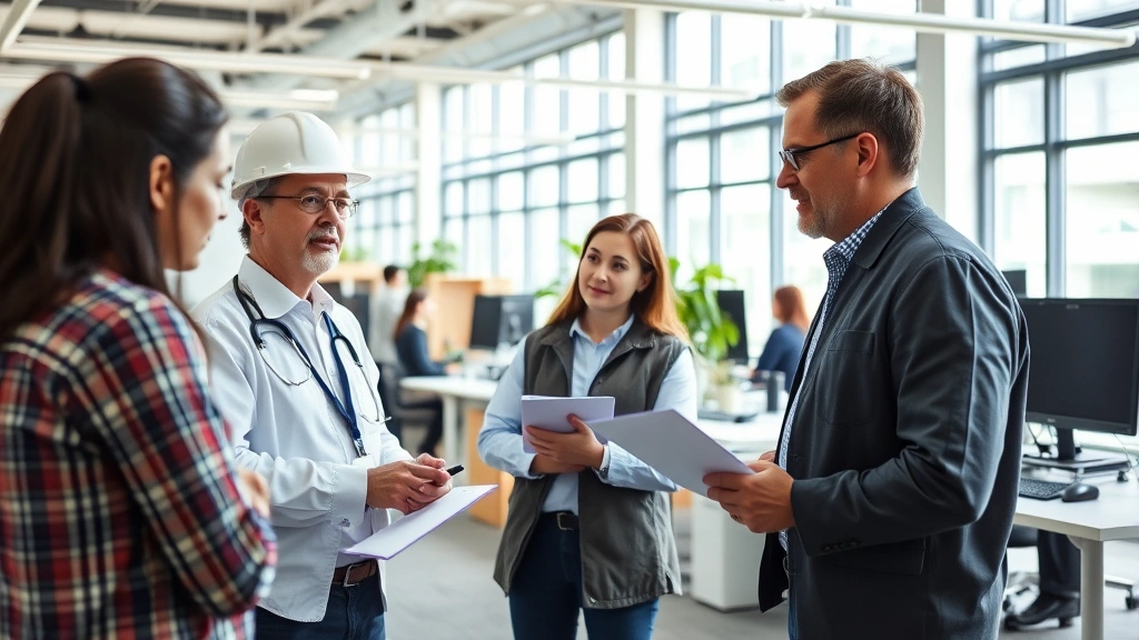 Professional occupational health specialist conducting workplace safety assessment in modern office environment, reviewing equipment and protocols with employees, natural lighting, collaborative atmosphere, modern facility