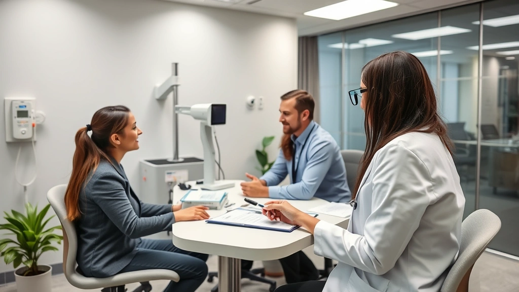 Corporate wellness program in action: employees participating in health screening station with trained health professional, modern clinic equipment, supportive and welcoming atmosphere