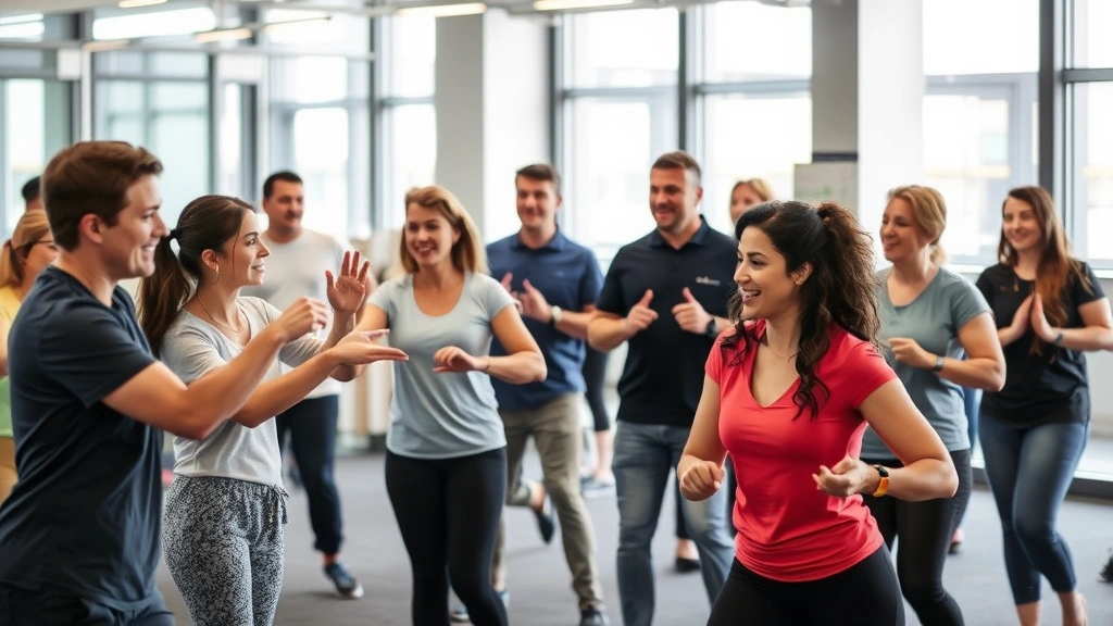 Corporate wellness program in action: employees participating in group fitness class or health screening event, diverse ages and backgrounds, energetic and inclusive environment